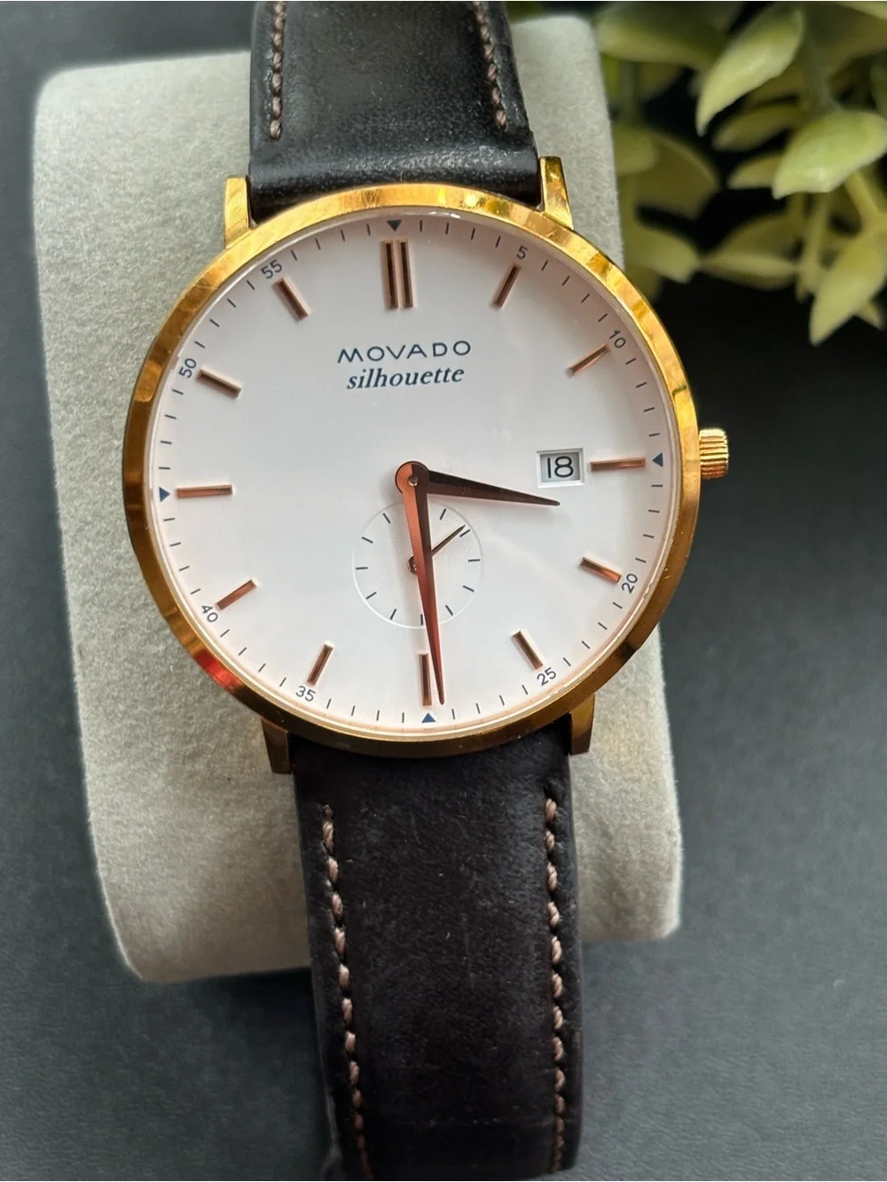 Movado Silhouette Men's Rose Gold Case White Dial Brow Leather Watch